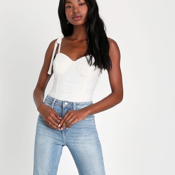 Lulus Women Small White Ruched Thong Bodysuit Tie Strap Sleeveless Stretch Top E - Picture 1 of 10